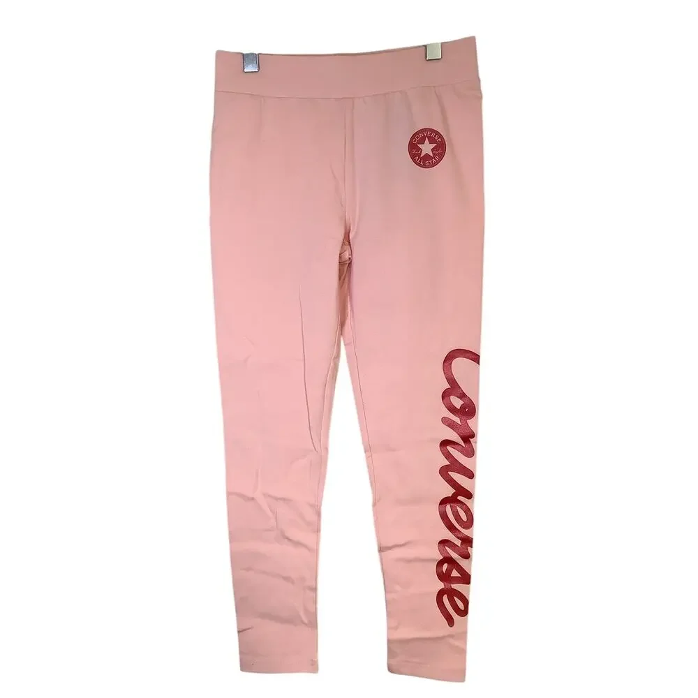 Converse Girls MD Storm Pink Logo Metallic Ink Print Leggings Streetwear U7-8